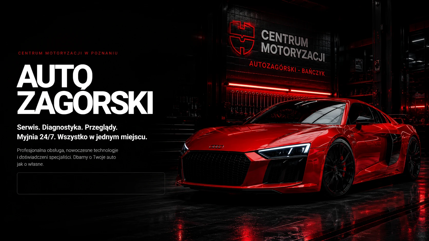Centrum motoryzacji z czerwonym samochodem i brandingiem Auto Zagórski